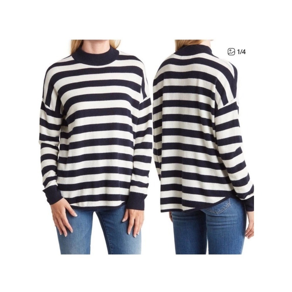 Madewell Women's XS Ashbury Mockneck Striped Sweater Navy White Wool Alpaca